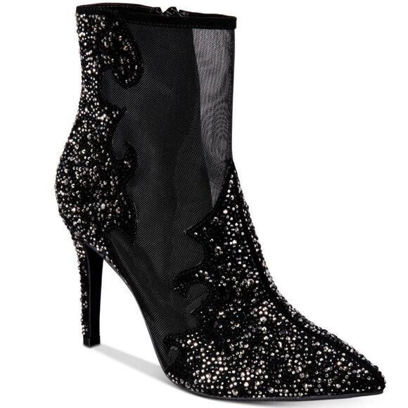 Express Shoes - Express Black Sheer Mesh Panels Rhinestone Pointed Toe Stiletto Zip-Up Size 10